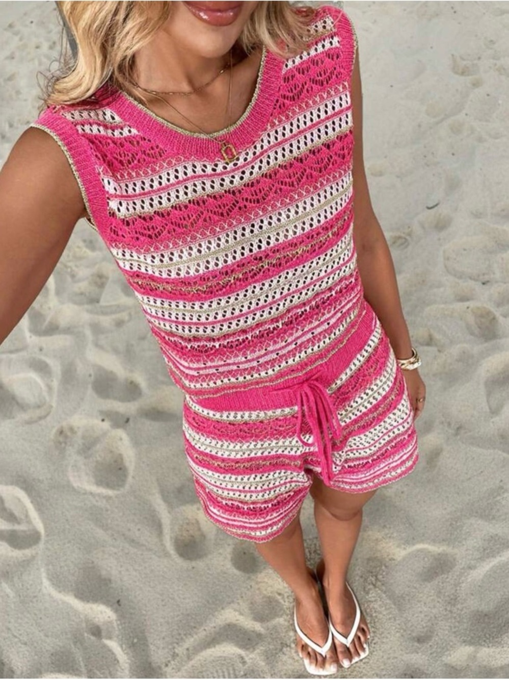 Hot Pink & White Crochet Two-Piece Tank and Shorts Set Bathing Suit Cover Up - Picture 3 of 8